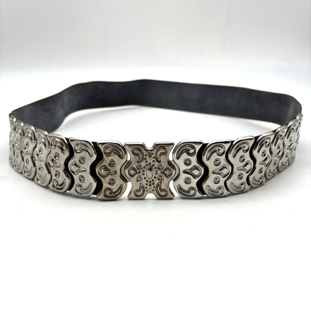 Vintage 80s Revcor Black Genuine Leather Silver Segmented Waist Belt OS 35" USA